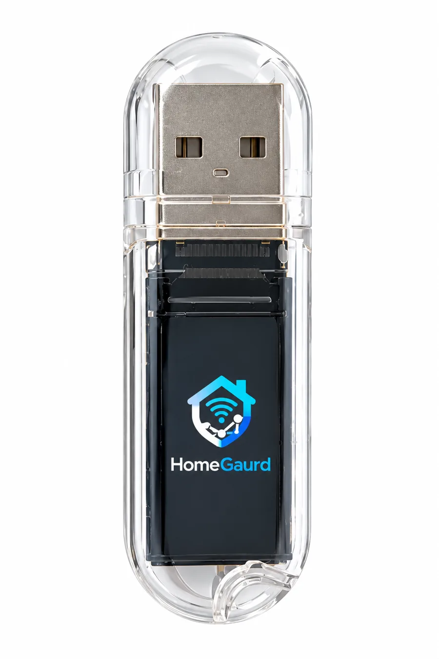 HomeGuard USB dongle with a clear enclosure and branded front display