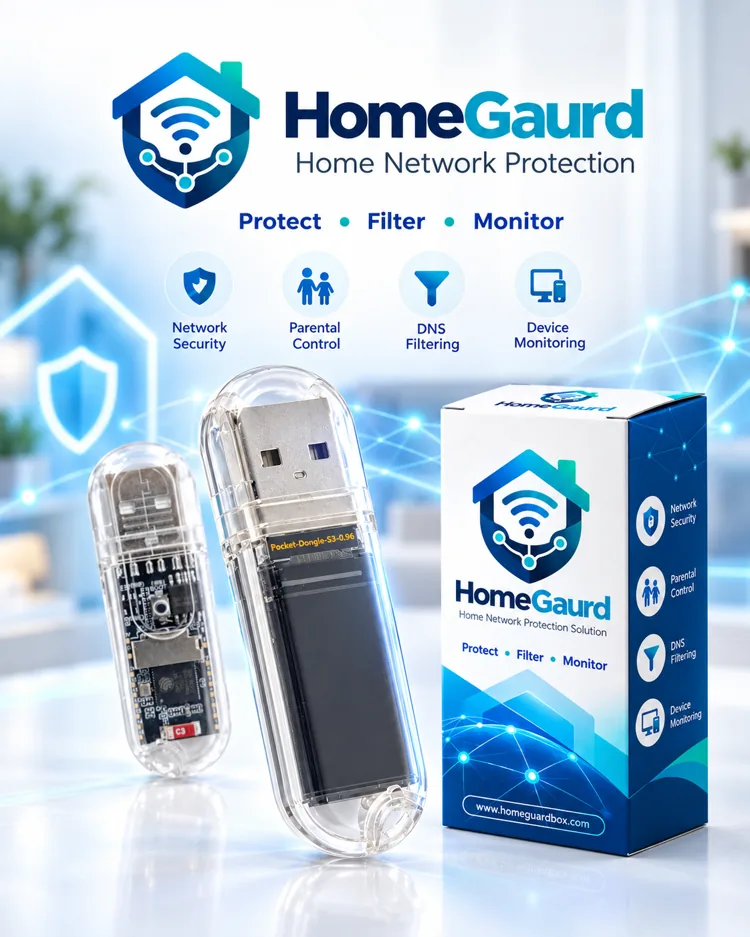 HomeGuard product and packaging in the blue, cyan, and white brand design